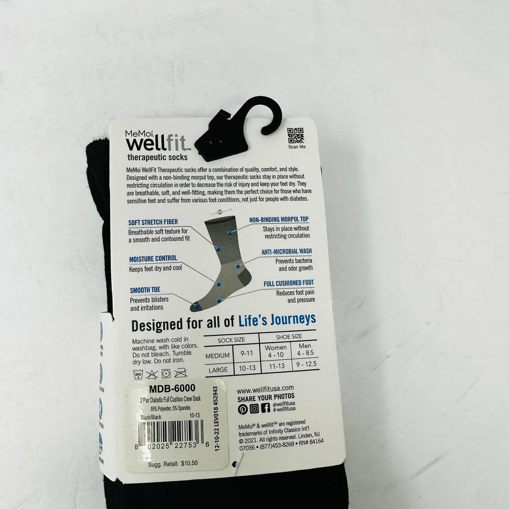 New MeMoi Unisex Therapeutic Large 2 Pair Full Cushioned Cushion Crew‎ Socks NWT